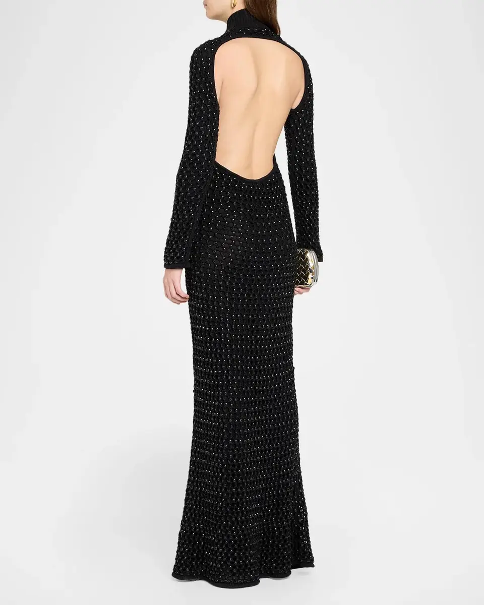 Diotima Femme Embellished Crochet Long-Sleeve Backless Maxi Dress | Thumbnail 3