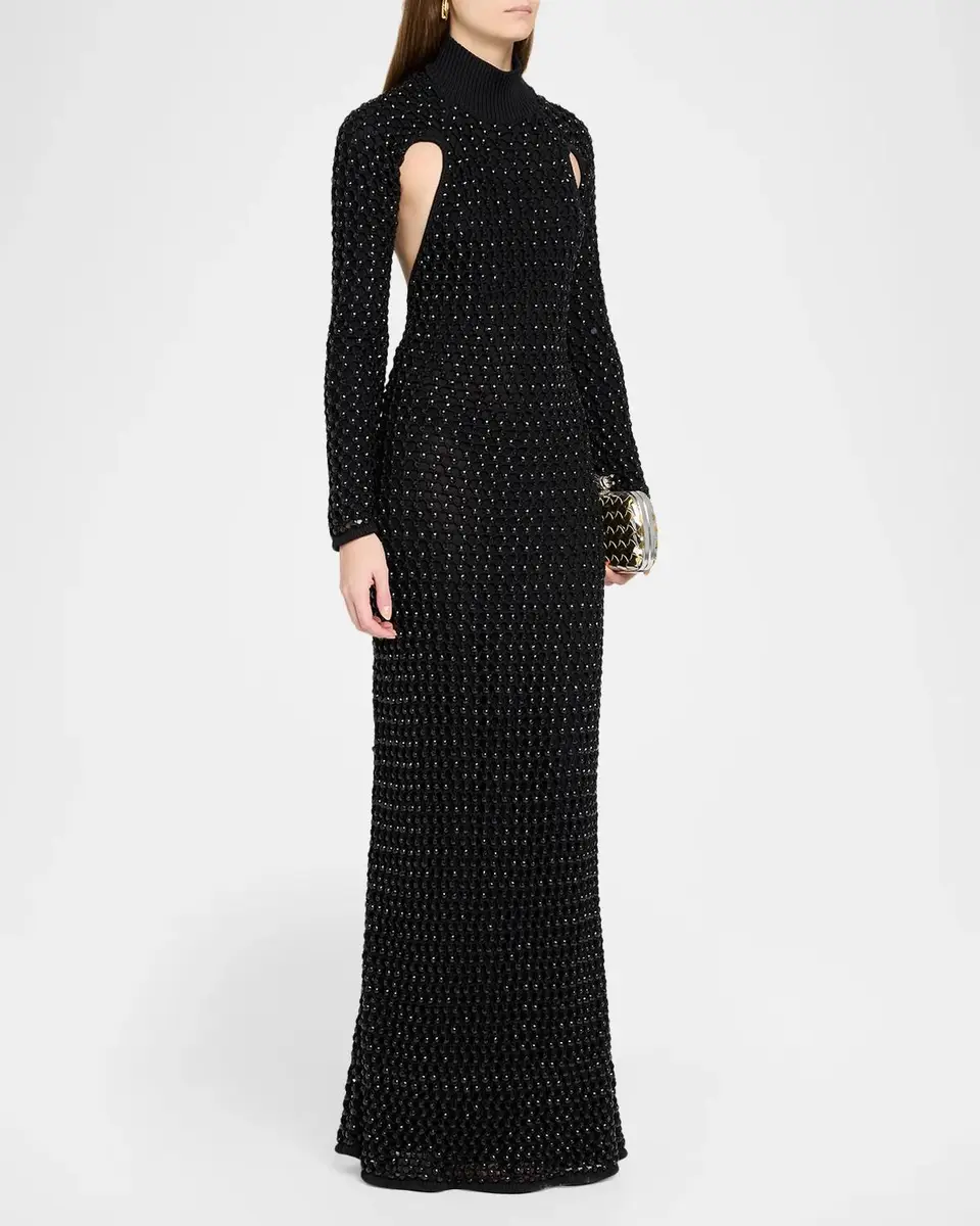 Diotima Femme Embellished Crochet Long-Sleeve Backless Maxi Dress | Thumbnail 4