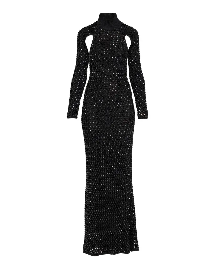 Femme Embellished Crochet Long-Sleeve Backless Maxi Dress