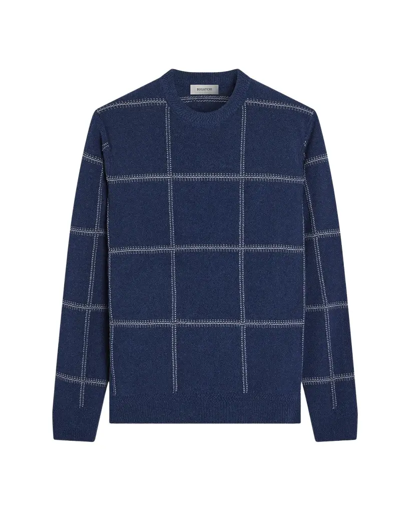 Men's Plaid Wool-Cotton Crewneck Sweater Men's Plaid Wool-Cotton Crewneck Sweater