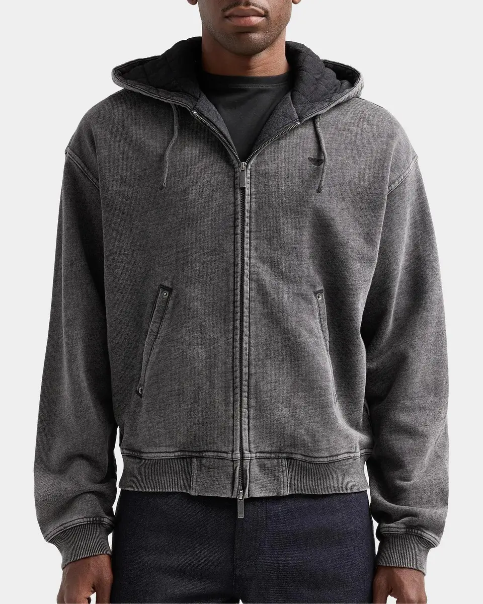 Emporio Armani Men's Washed Cotton Full-Zip Hoodie | Thumbnail 3 Emporio Armani Men's Washed Cotton Full-Zip Hoodie | Thumbnail 3
