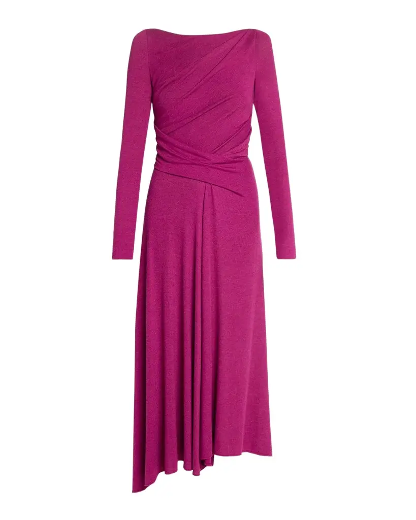 Talbot Runhof Cozy Jersey Draped Long-Sleeve Asymmetric Midi Dress