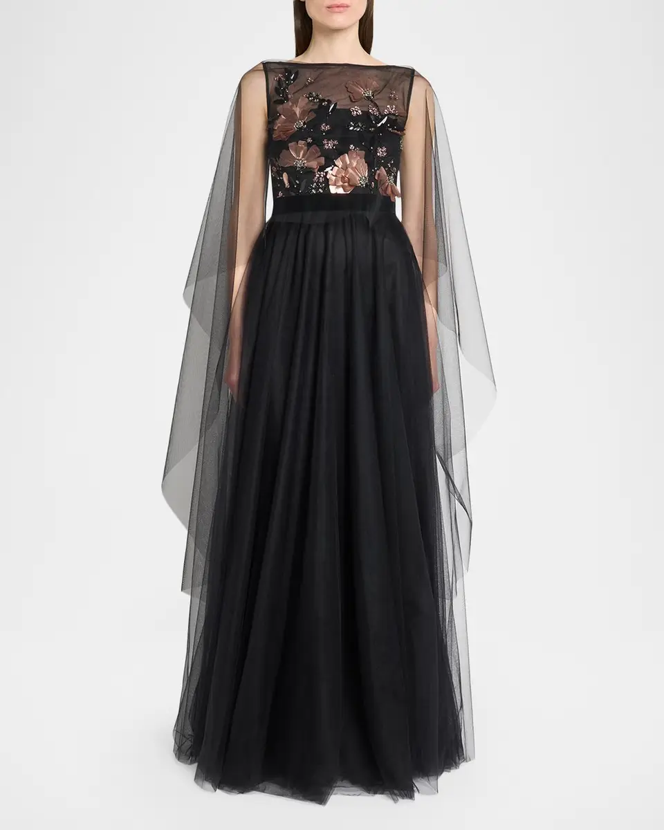 Talbot Runhof Embroidered Tulle Cape Ball Gown | Thumbnail 2 Talbot Runhof Embroidered Tulle Cape Ball Gown | Thumbnail 2