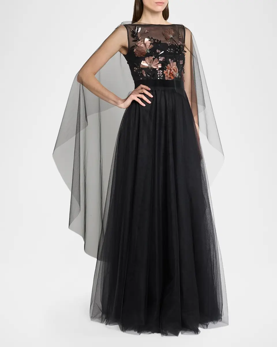 Talbot Runhof Embroidered Tulle Cape Ball Gown | Thumbnail 4 Talbot Runhof Embroidered Tulle Cape Ball Gown | Thumbnail 4