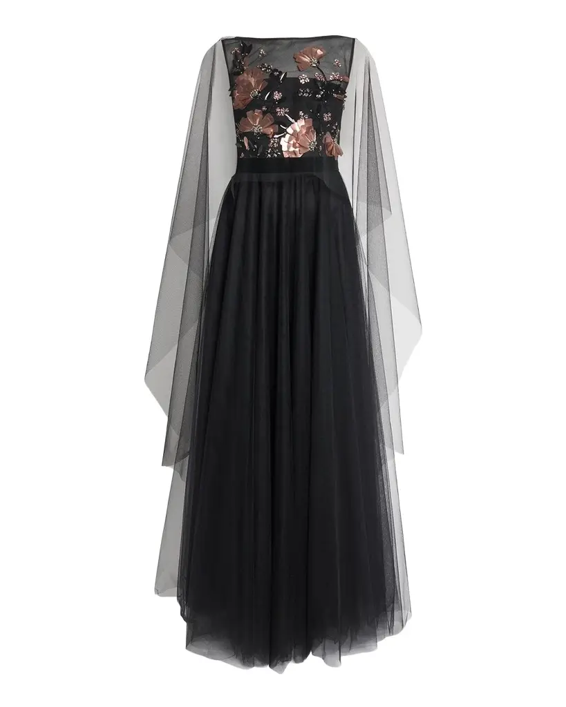 Talbot Runhof Embroidered Tulle Cape Ball Gown