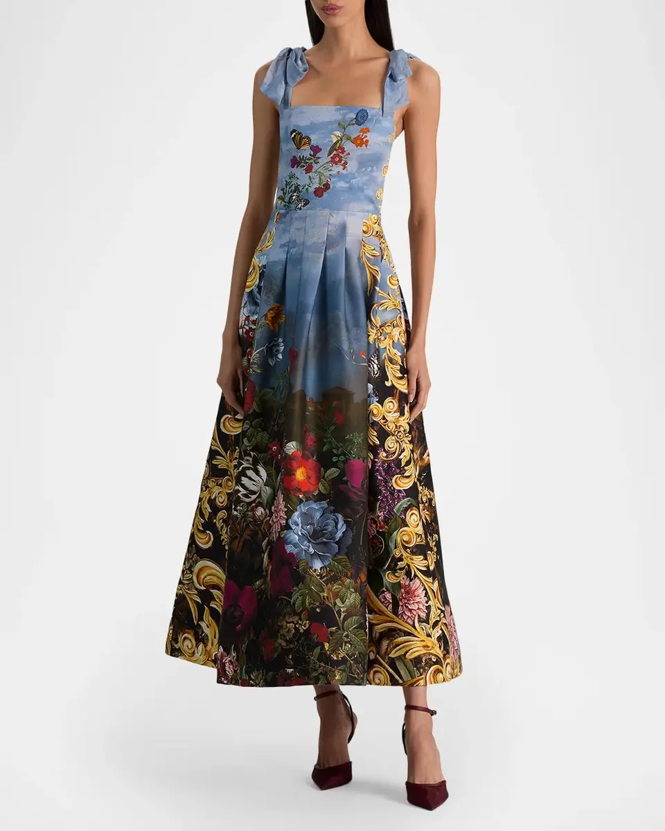 Alice + Olivia Hana Square-Neck Tie-Shoulder Maxi Dress | Thumbnail 2