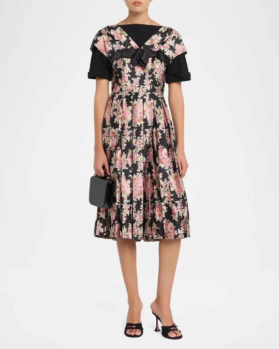 Simone Rocha Pleated Floral Satin Layered Midi Dress | Thumbnail 2