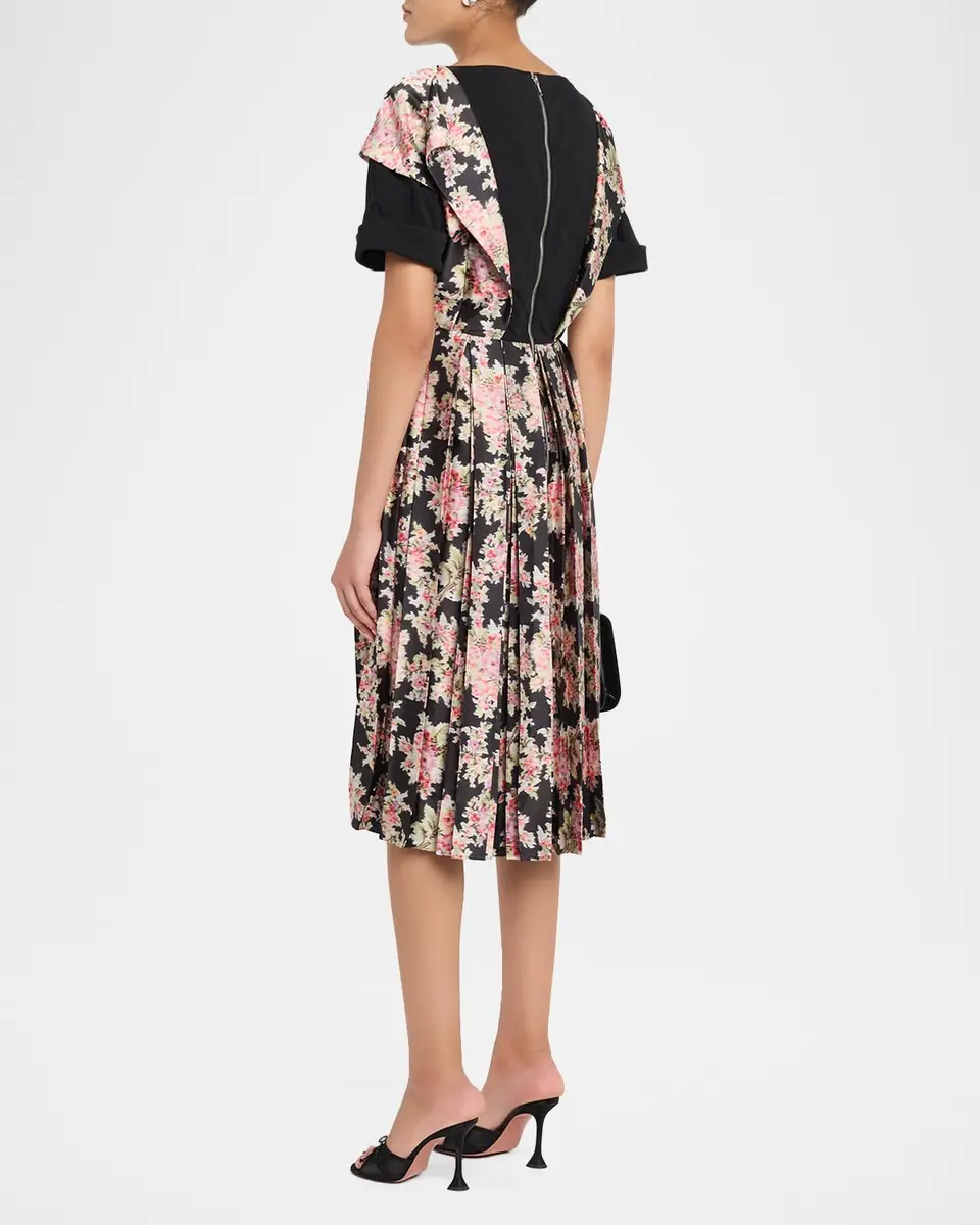 Simone Rocha Pleated Floral Satin Layered Midi Dress | Thumbnail 3