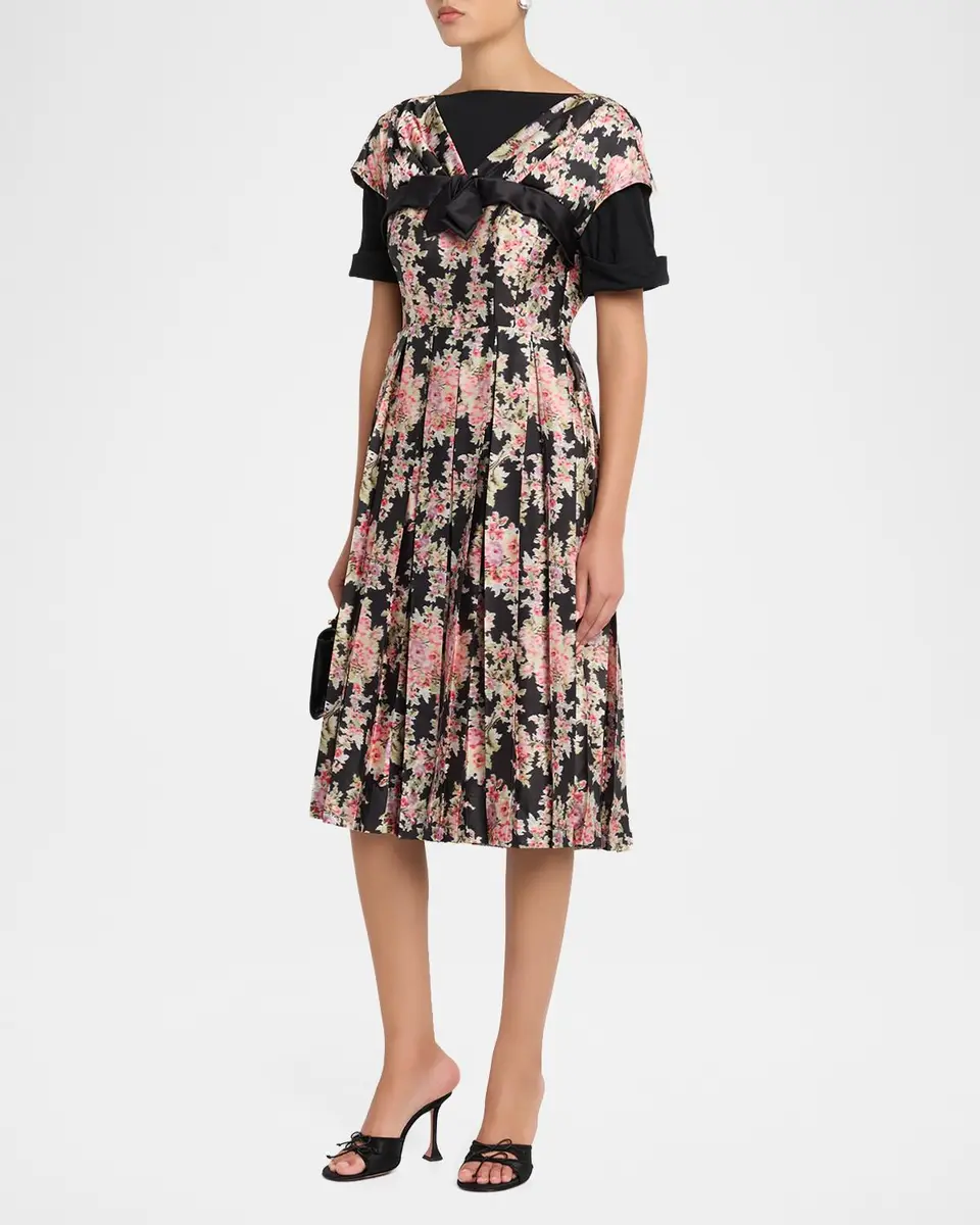 Simone Rocha Pleated Floral Satin Layered Midi Dress | Thumbnail 4