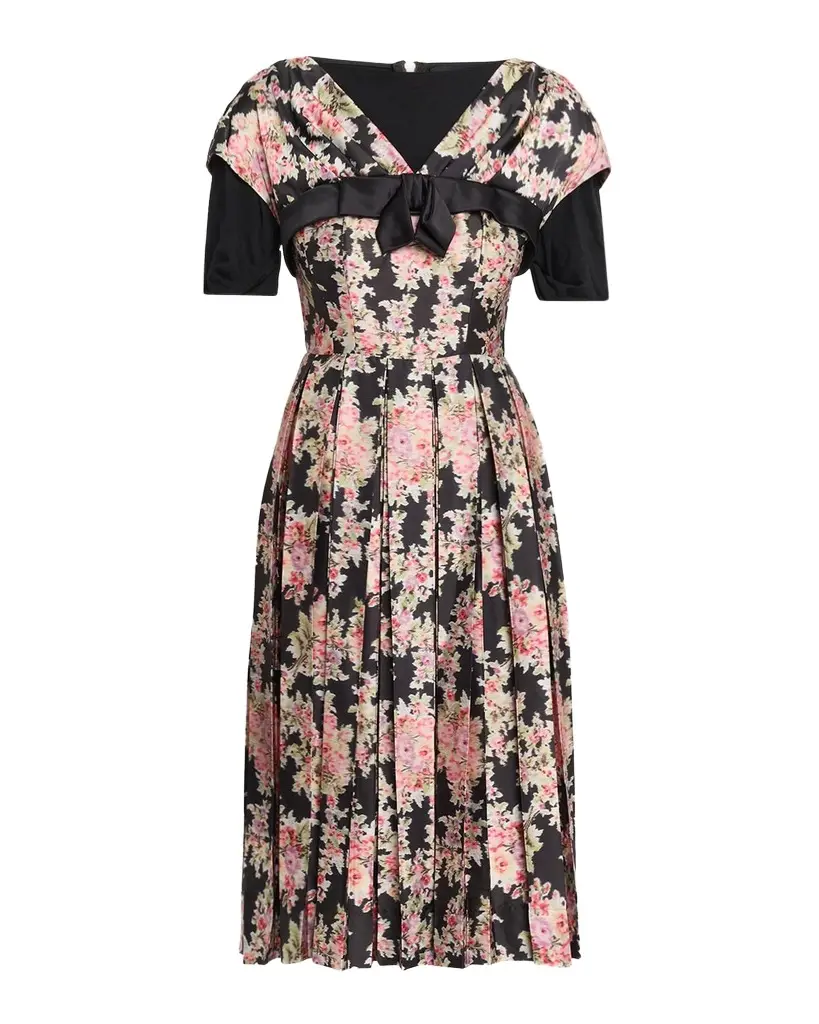Pleated Floral Satin Layered Midi Dress Pleated Floral Satin Layered Midi Dress