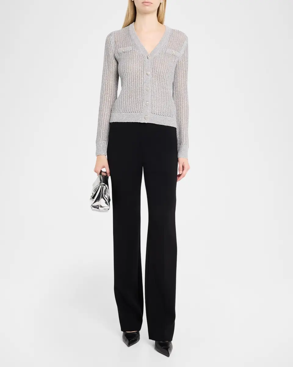 Neiman Marcus Cashmere Collection Mesh Stitch Metallic Cashmere V-Neck Cardigan | Thumbnail 2 Neiman Marcus Cashmere Collection Mesh Stitch Metallic Cashmere V-Neck Cardigan | Thumbnail 2