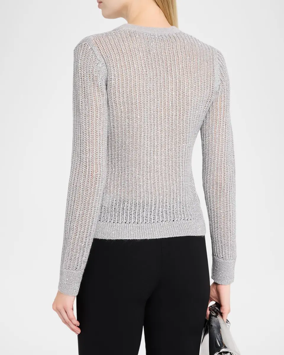 Neiman Marcus Cashmere Collection Mesh Stitch Metallic Cashmere V-Neck Cardigan | Thumbnail 3 Neiman Marcus Cashmere Collection Mesh Stitch Metallic Cashmere V-Neck Cardigan | Thumbnail 3