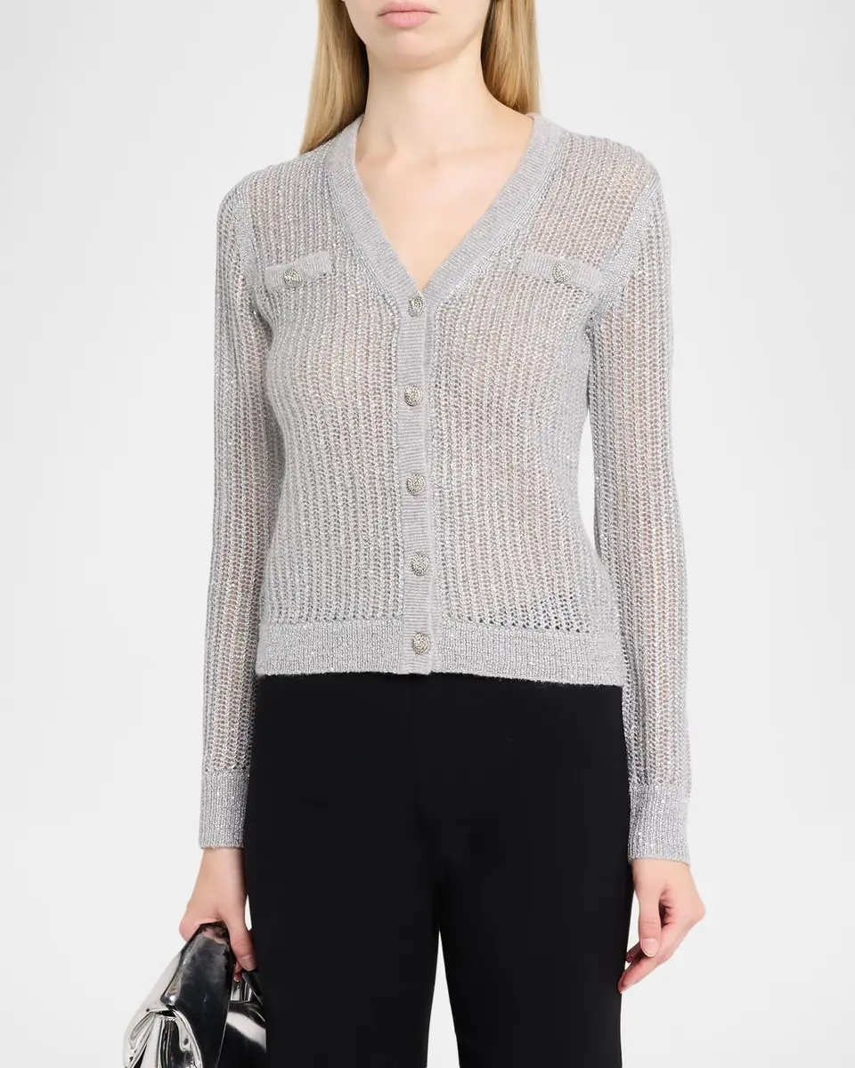 Neiman Marcus Cashmere Collection Mesh Stitch Metallic Cashmere V-Neck Cardigan | Thumbnail 4 Neiman Marcus Cashmere Collection Mesh Stitch Metallic Cashmere V-Neck Cardigan | Thumbnail 4