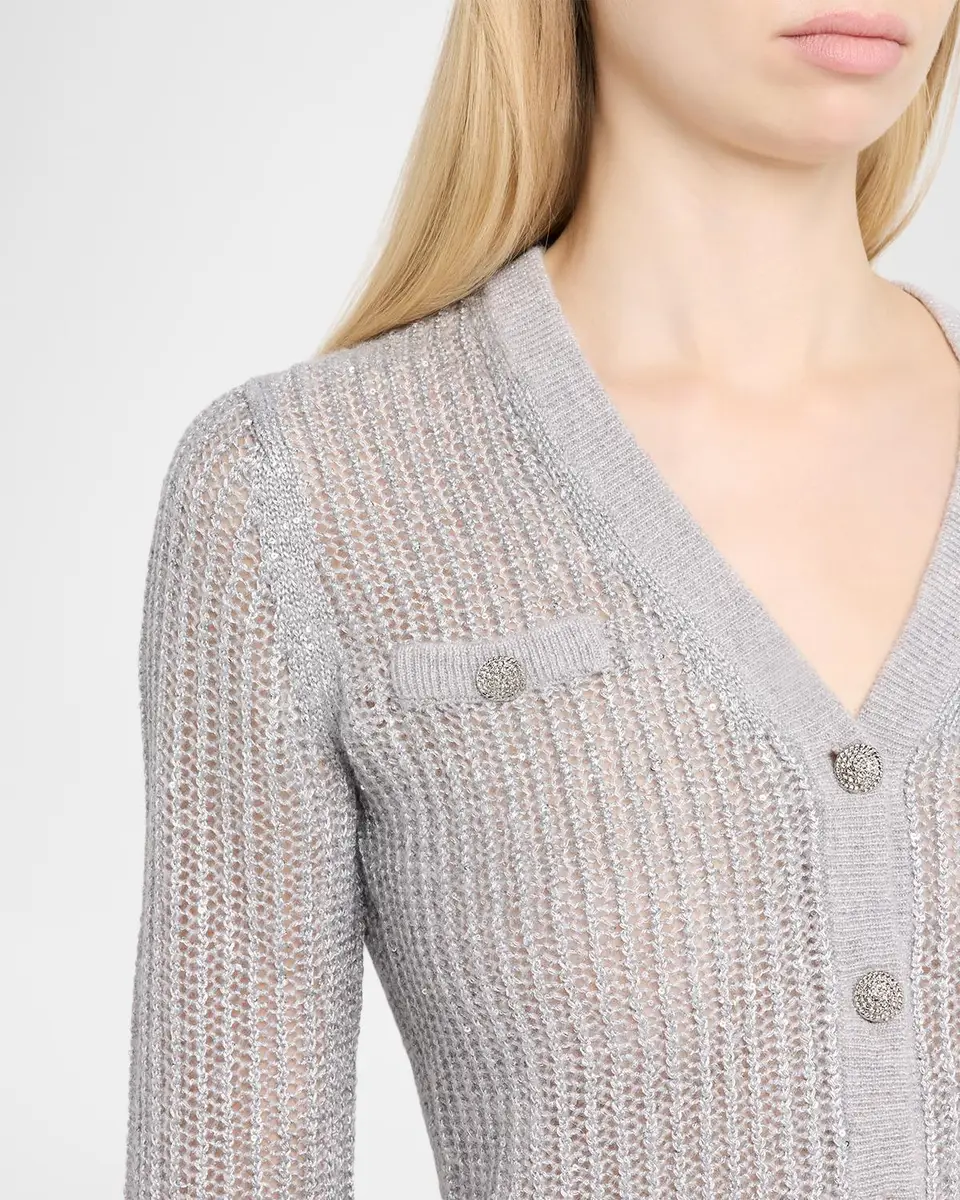 Neiman Marcus Cashmere Collection Mesh Stitch Metallic Cashmere V-Neck Cardigan | Thumbnail 5 Neiman Marcus Cashmere Collection Mesh Stitch Metallic Cashmere V-Neck Cardigan | Thumbnail 5