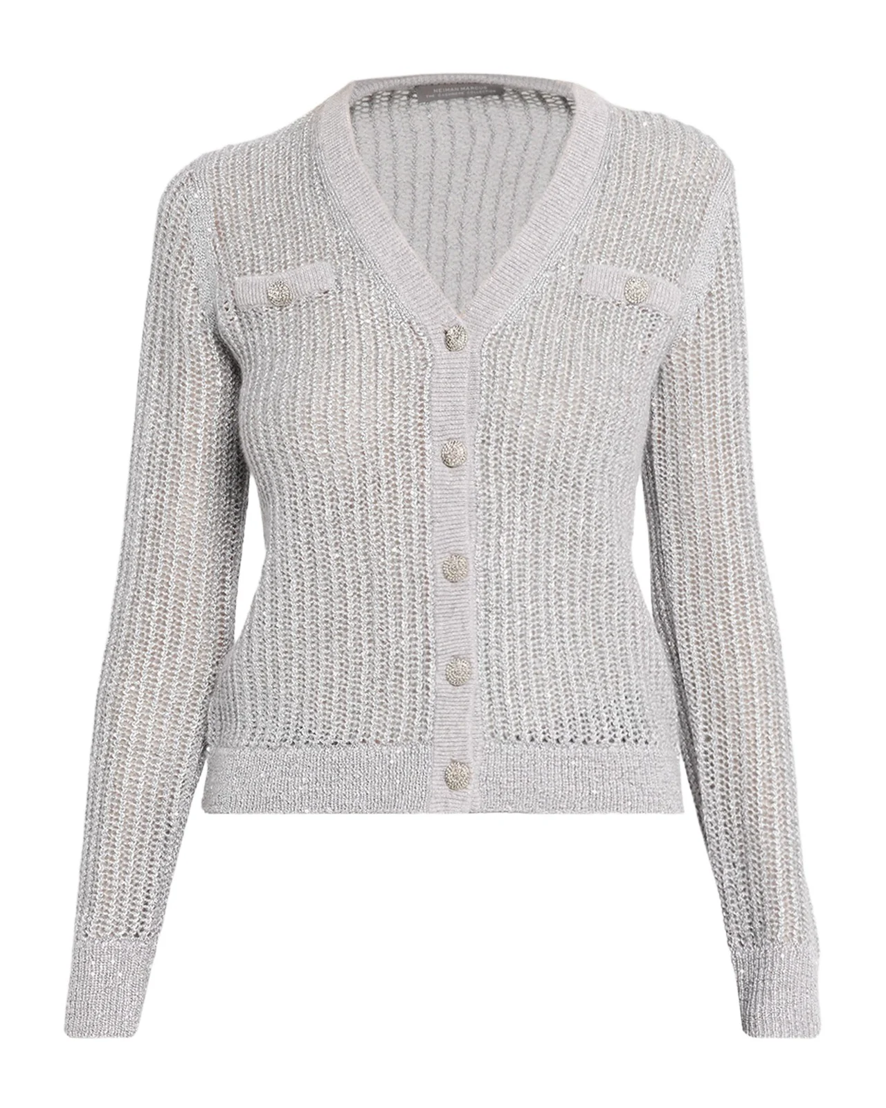 Neiman Marcus Cashmere Collection Mesh Stitch Metallic Cashmere V-Neck Cardigan