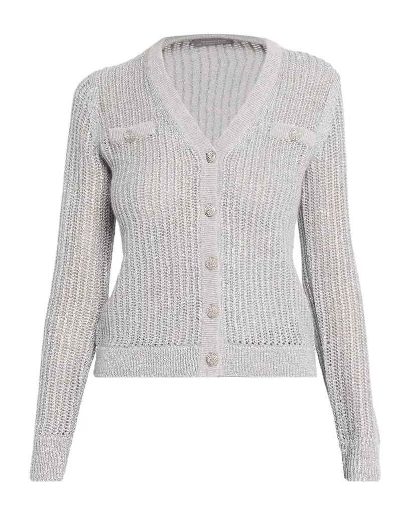 Neiman Marcus Cashmere Collection Mesh Stitch Metallic Cashmere V-Neck Cardigan
