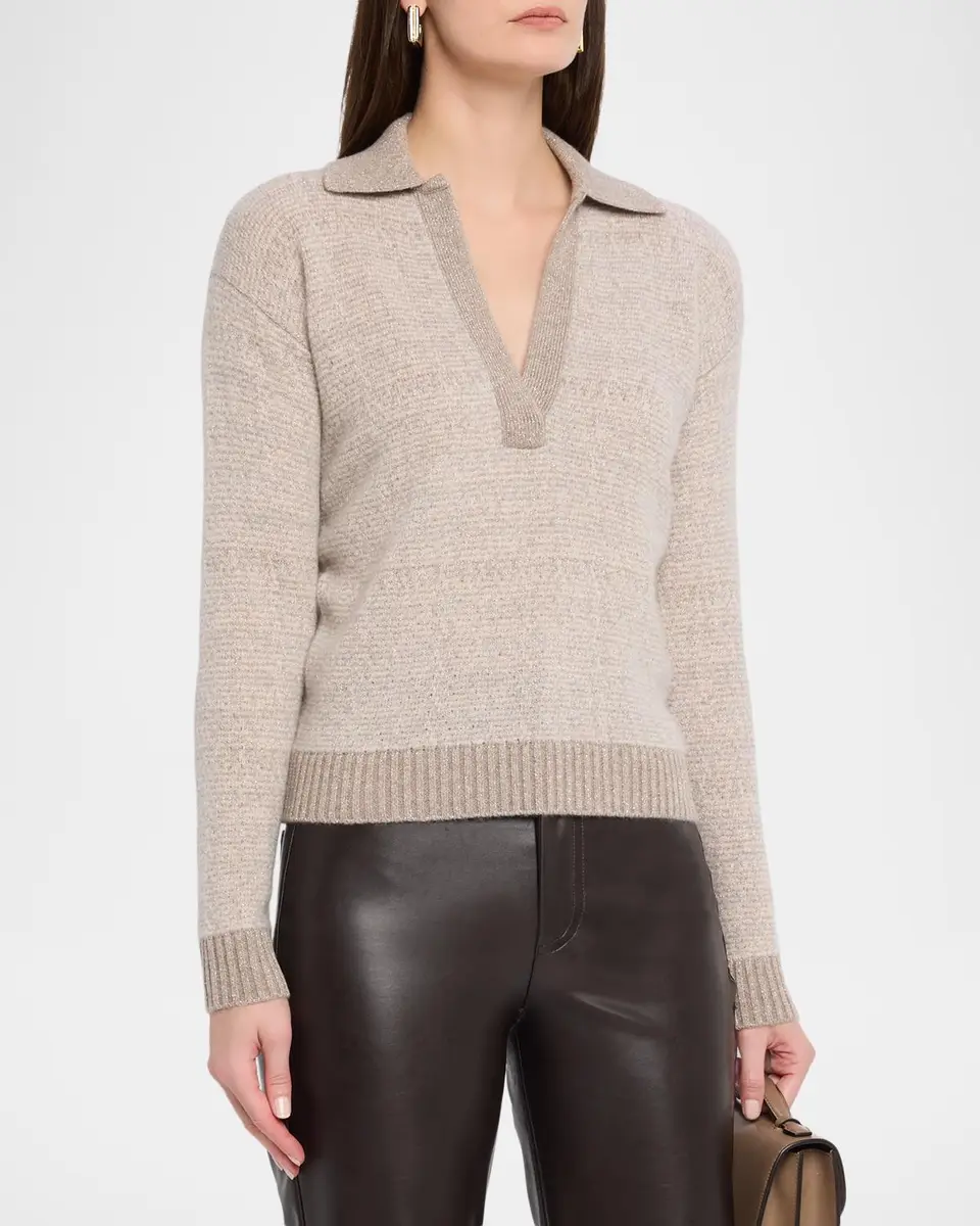 Neiman Marcus Cashmere Collection Shimmer Cashmere Johnny-Collar Sweater | Thumbnail 4 Neiman Marcus Cashmere Collection Shimmer Cashmere Johnny-Collar Sweater | Thumbnail 4