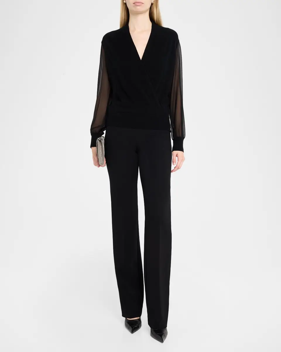 Neiman Marcus Cashmere Collection Sheer-Sleeve Surplice Sweater | Thumbnail 2 Neiman Marcus Cashmere Collection Sheer-Sleeve Surplice Sweater | Thumbnail 2