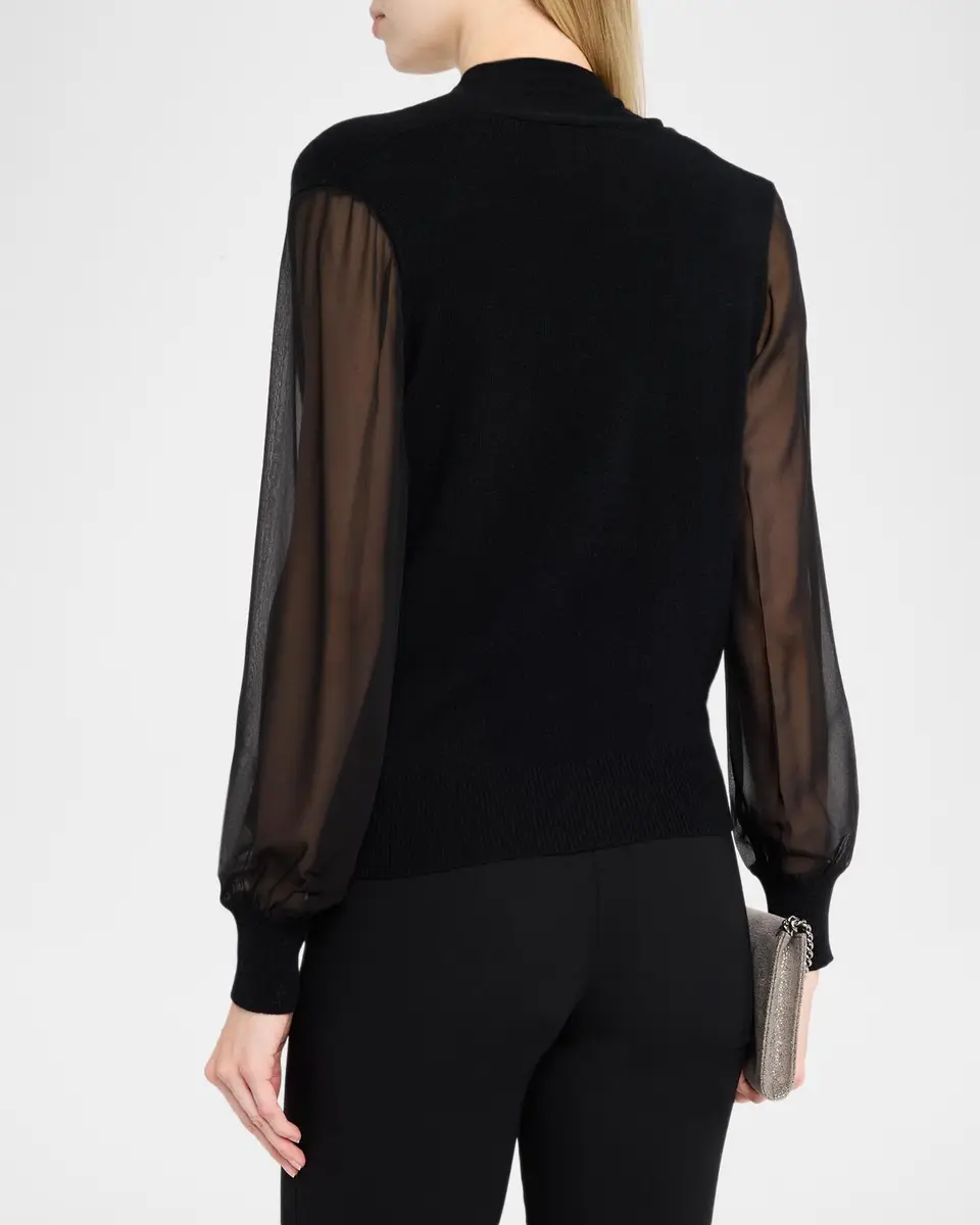 Neiman Marcus Cashmere Collection Sheer-Sleeve Surplice Sweater | Thumbnail 3 Neiman Marcus Cashmere Collection Sheer-Sleeve Surplice Sweater | Thumbnail 3