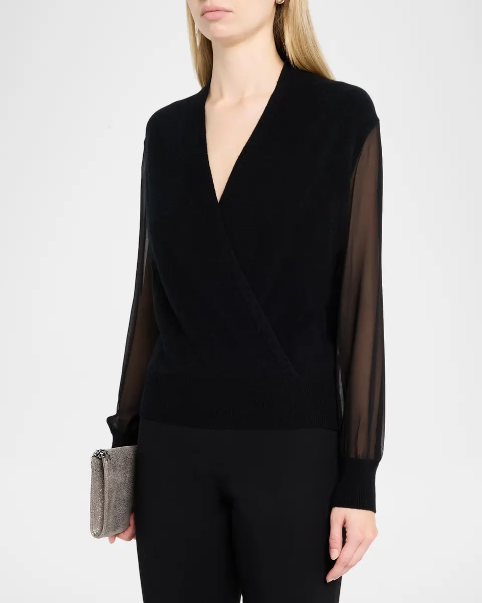 Neiman Marcus Cashmere Collection Sheer-Sleeve Surplice Sweater | Thumbnail 4 Neiman Marcus Cashmere Collection Sheer-Sleeve Surplice Sweater | Thumbnail 4