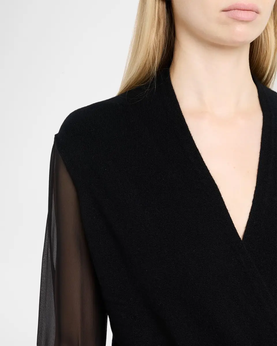 Neiman Marcus Cashmere Collection Sheer-Sleeve Surplice Sweater | Thumbnail 5 Neiman Marcus Cashmere Collection Sheer-Sleeve Surplice Sweater | Thumbnail 5