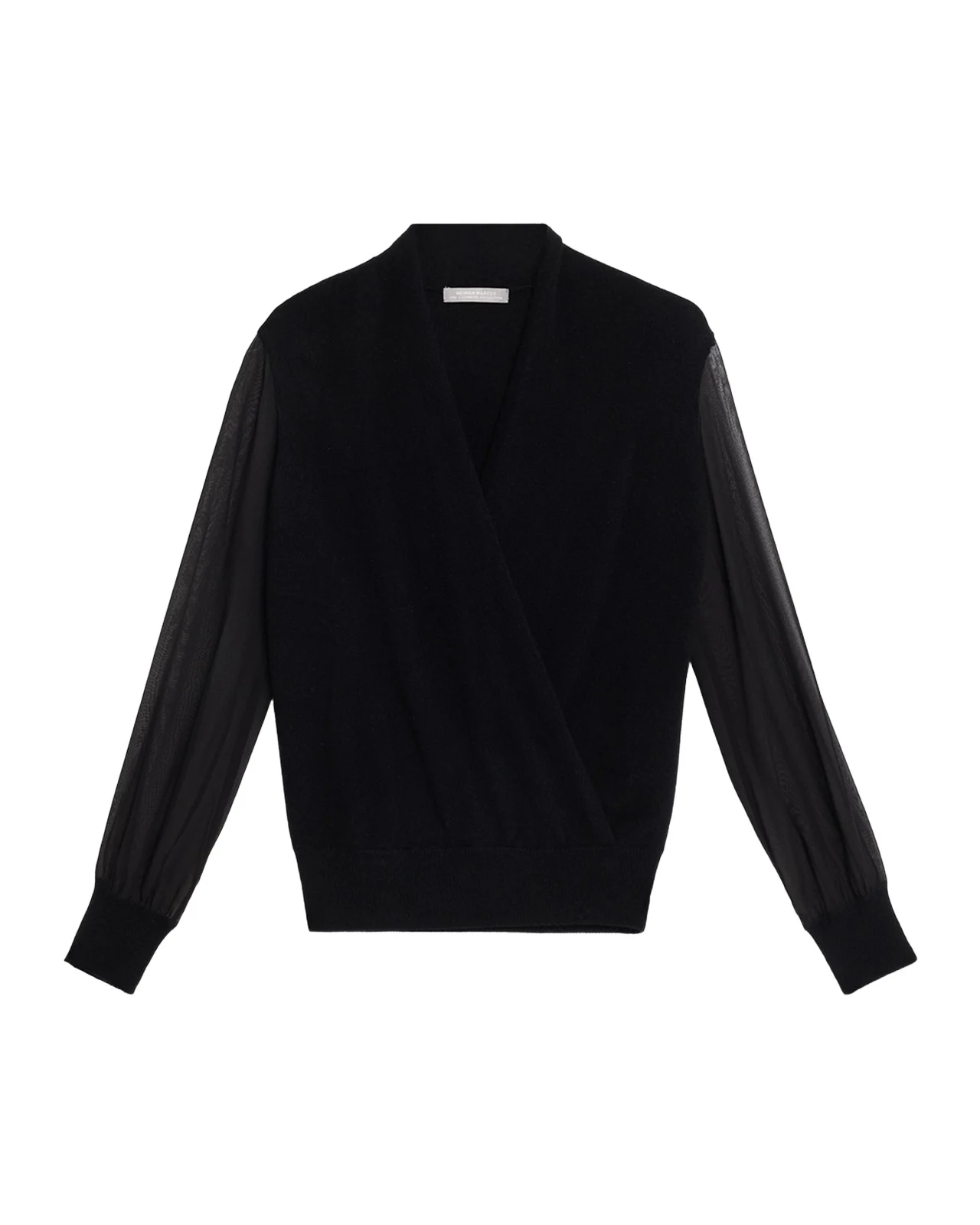 Neiman Marcus Cashmere Collection Sheer-Sleeve Surplice Sweater