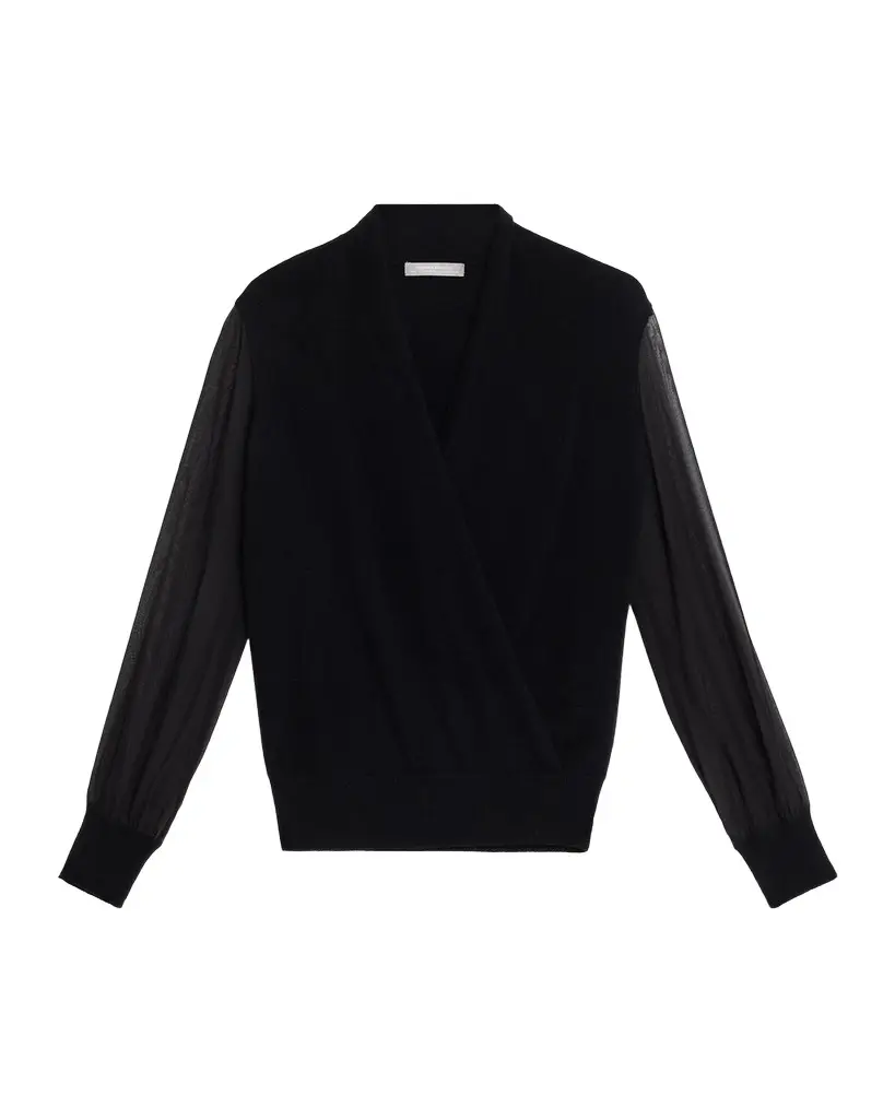 Neiman Marcus Cashmere Collection Sheer-Sleeve Surplice Sweater