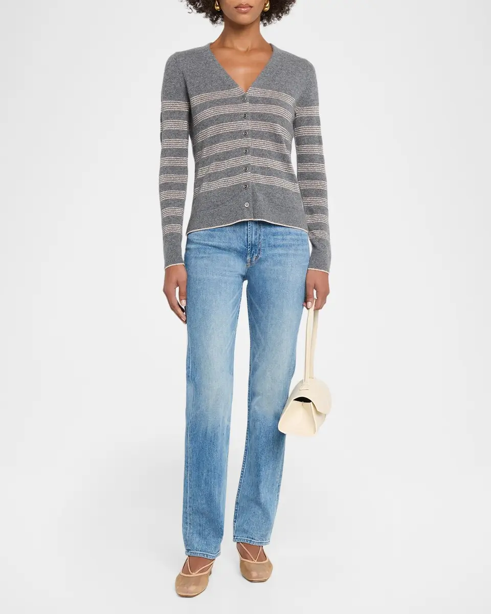 Neiman Marcus Cashmere Collection Cashmere Striped V-Neck Cardigan | Thumbnail 2 Neiman Marcus Cashmere Collection Cashmere Striped V-Neck Cardigan | Thumbnail 2