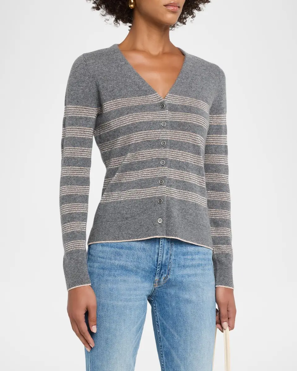 Neiman Marcus Cashmere Collection Cashmere Striped V-Neck Cardigan | Thumbnail 4 Neiman Marcus Cashmere Collection Cashmere Striped V-Neck Cardigan | Thumbnail 4