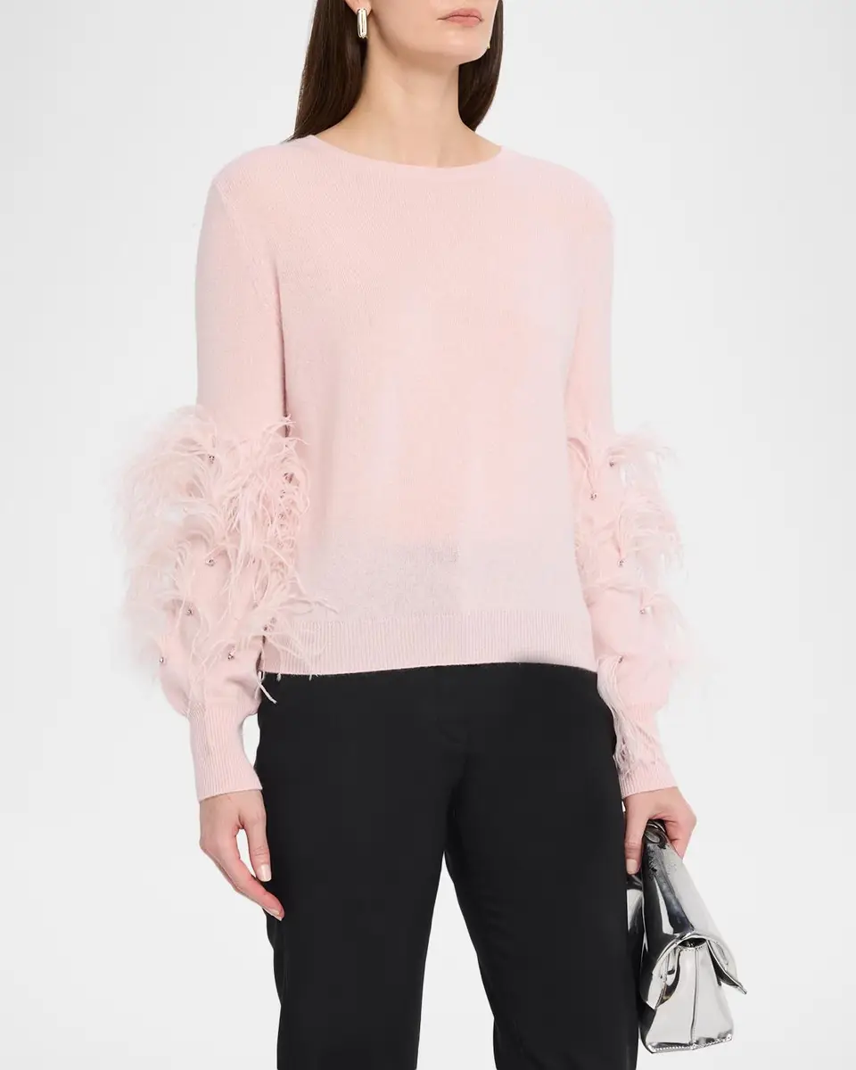 Neiman Marcus Cashmere Collection Cashmere Feather-Sleeve Sweater | Thumbnail 4 Neiman Marcus Cashmere Collection Cashmere Feather-Sleeve Sweater | Thumbnail 4