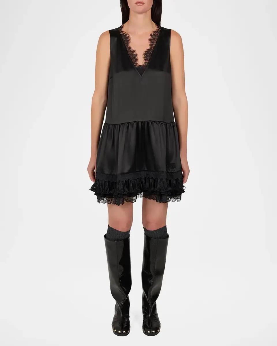 Ganni Fluid Satin V-Neck Lace Mini Dress | Thumbnail 2 Ganni Fluid Satin V-Neck Lace Mini Dress | Thumbnail 2