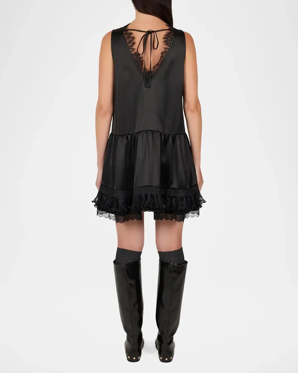 Ganni Fluid Satin V-Neck Lace Mini Dress | Thumbnail 3 Ganni Fluid Satin V-Neck Lace Mini Dress | Thumbnail 3