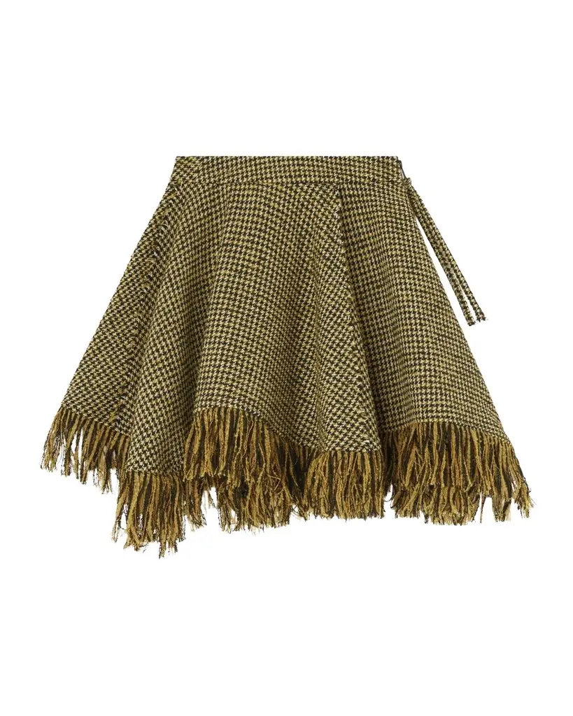 Ganni Fringed Houndstooth Asymmetric Mini Skirt