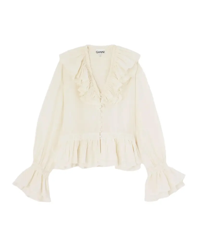 Ganni Ruffled Silk-Blend Blouse