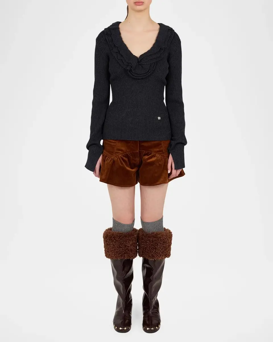 Ganni Rib-Knit Merino Wool Frill Long-Sleeve Top | Thumbnail 2 Ganni Rib-Knit Merino Wool Frill Long-Sleeve Top | Thumbnail 2