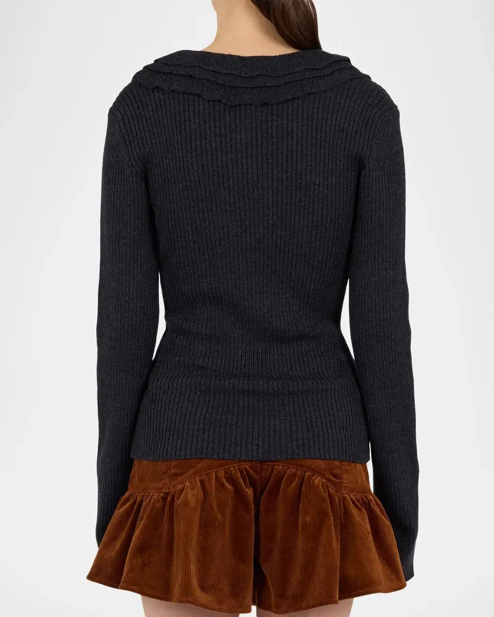 Ganni Rib-Knit Merino Wool Frill Long-Sleeve Top | Thumbnail 3 Ganni Rib-Knit Merino Wool Frill Long-Sleeve Top | Thumbnail 3