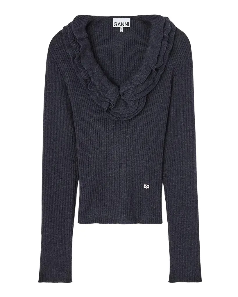 Ganni Rib-Knit Merino Wool Frill Long-Sleeve Top