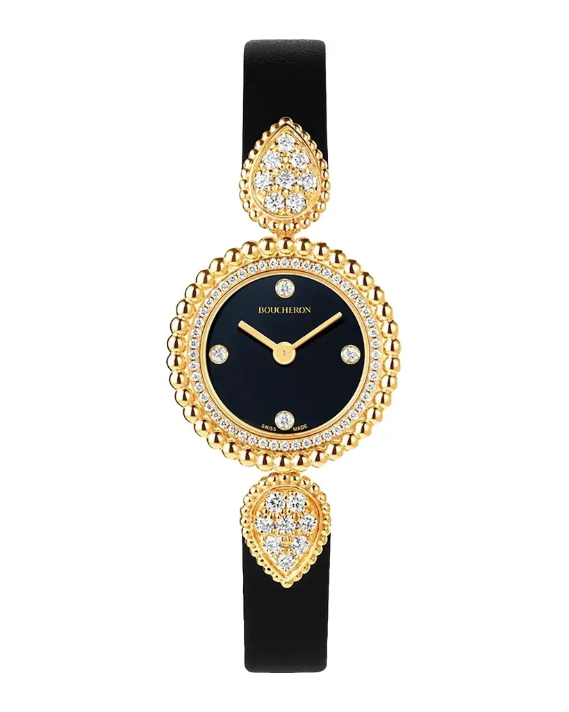 Boucheron Serpent Boheme 18K Yellow Gold Black Leather Watch with Diamonds, 23mm