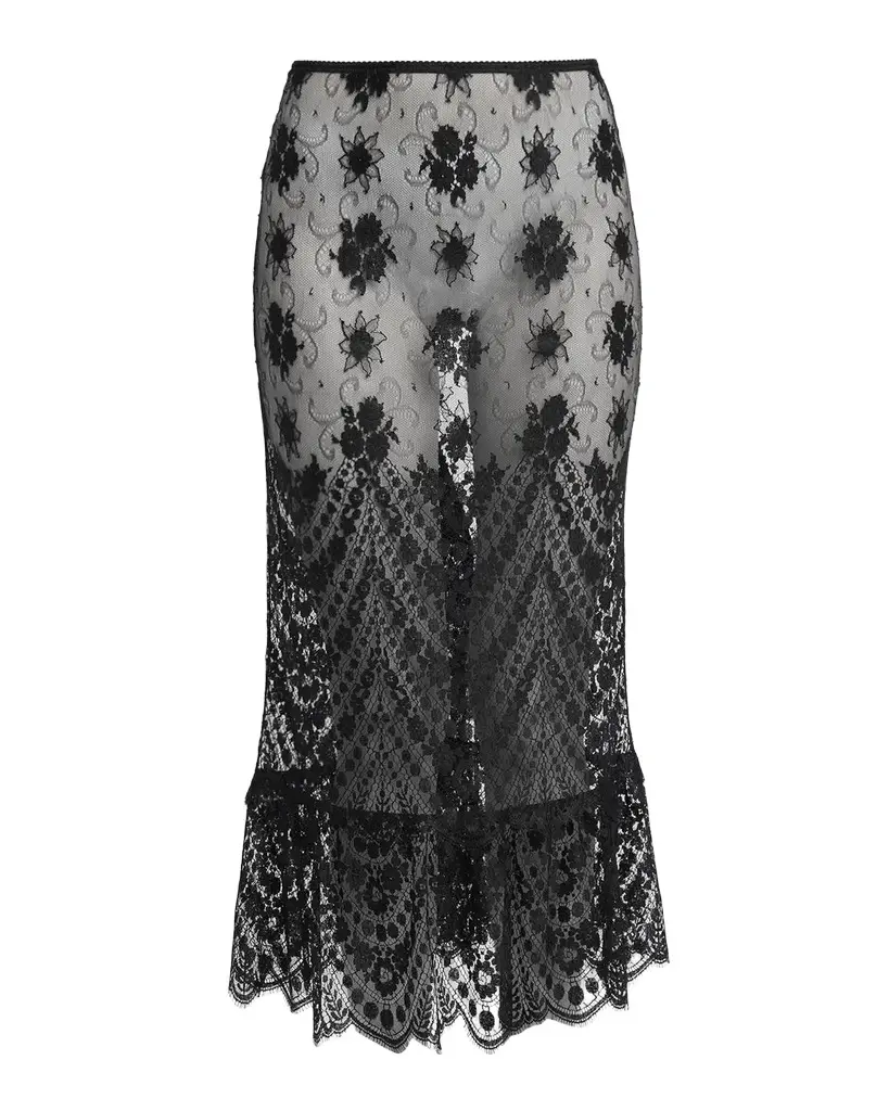 Sheer Chantilly Lace Ruffle Midi Skirt