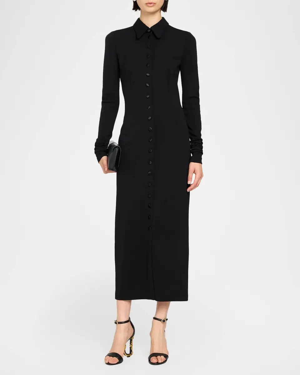 Dolce & Gabbana Satin Buttoned Wool-Blend Jersey Long-Sleeve Midi Dress | Thumbnail 2