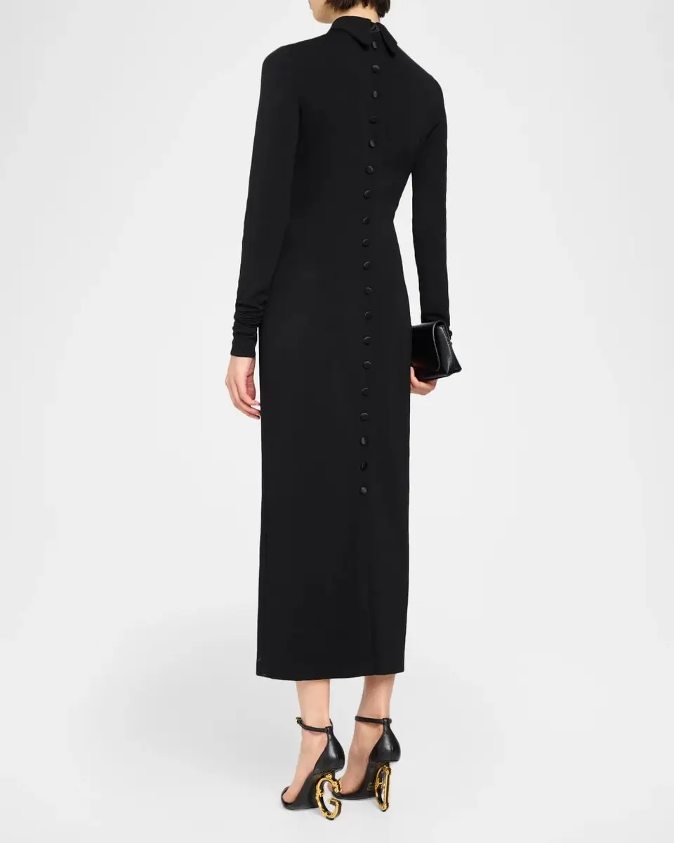Dolce & Gabbana Satin Buttoned Wool-Blend Jersey Long-Sleeve Midi Dress | Thumbnail 3