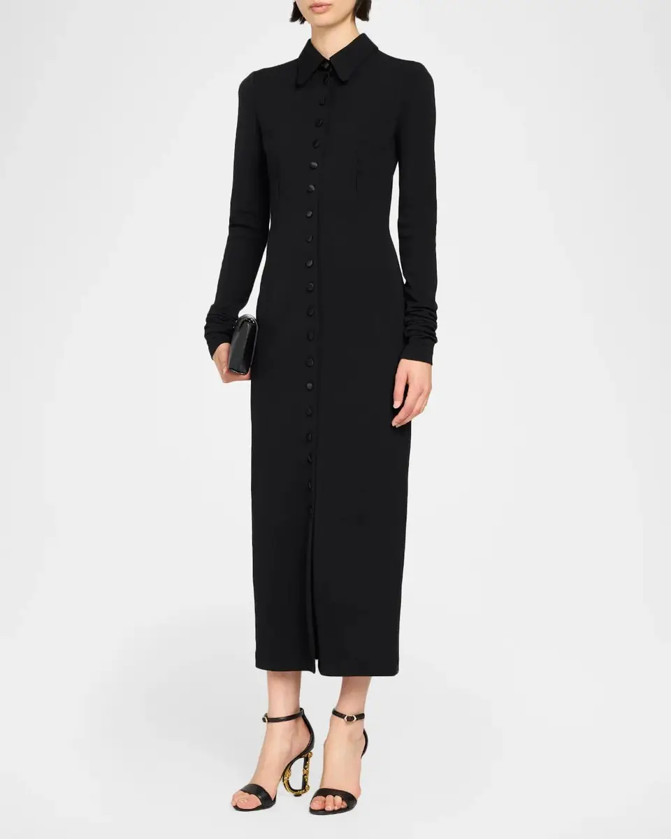 Dolce & Gabbana Satin Buttoned Wool-Blend Jersey Long-Sleeve Midi Dress | Thumbnail 4