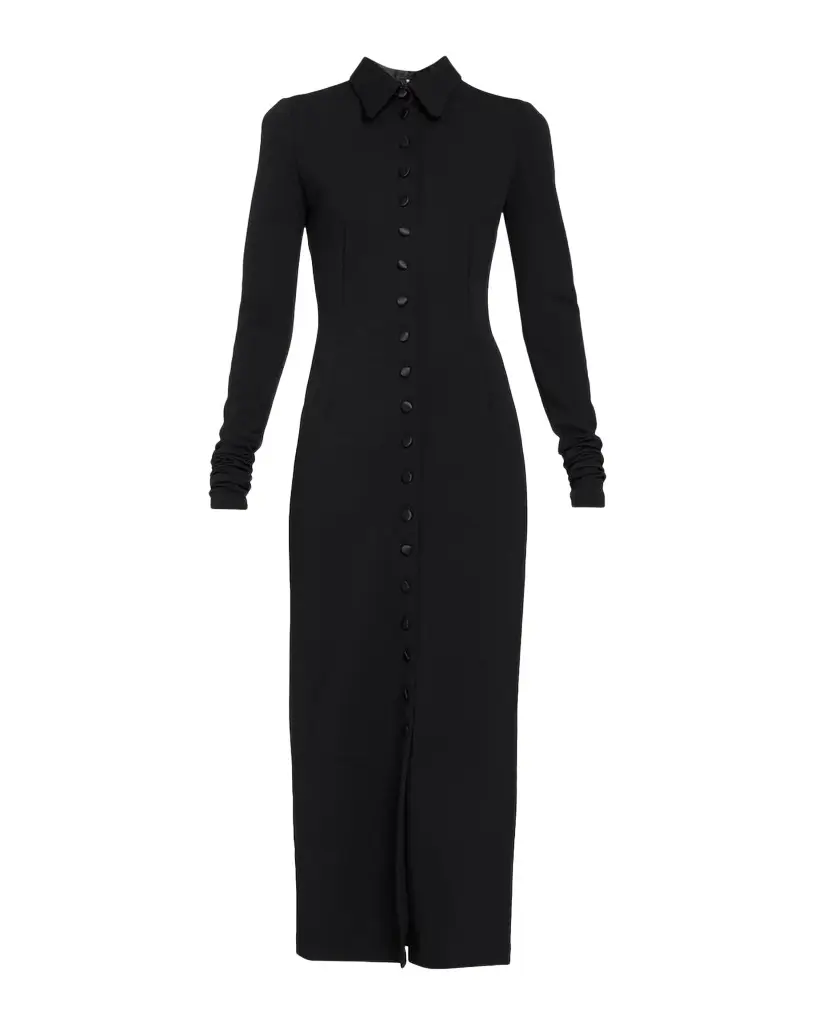 Satin Buttoned Wool-Blend Jersey Long-Sleeve Midi Dress Satin Buttoned Wool-Blend Jersey Long-Sleeve Midi Dress