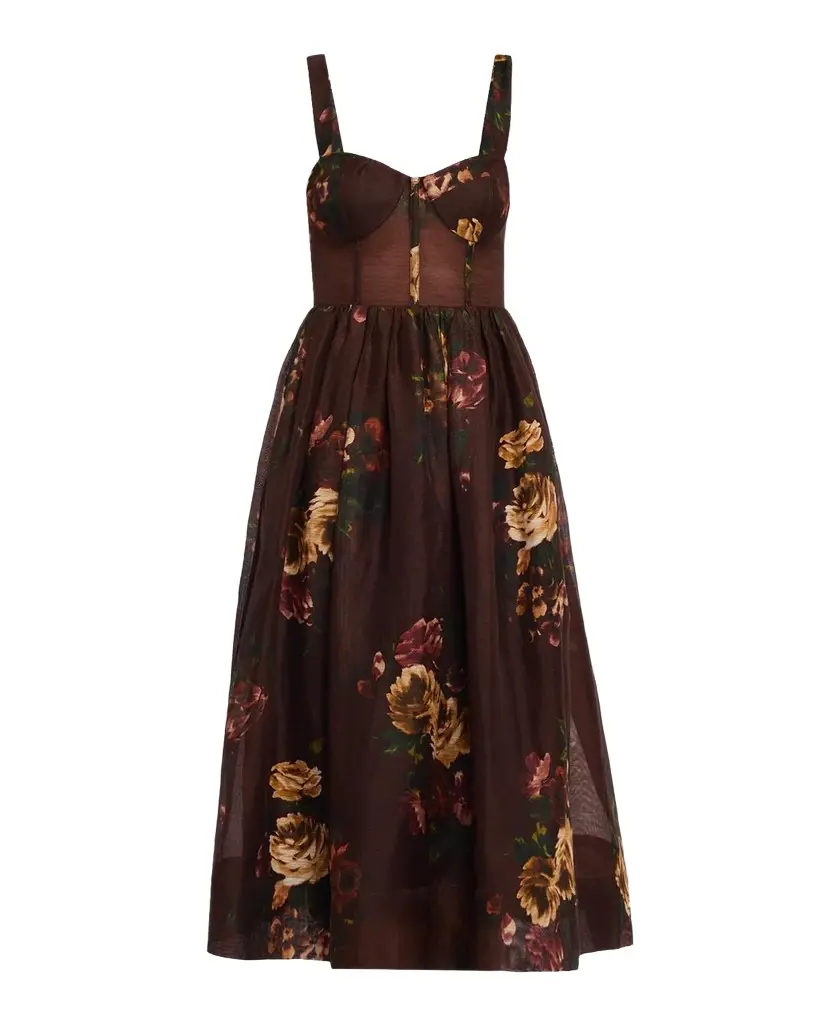 Phoebe Floral Linen and Silk Midi Bustier Dress Phoebe Floral Linen and Silk Midi Bustier Dress