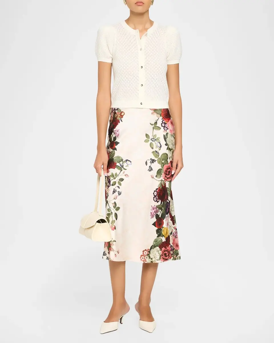 Alice + Olivia Sabine Puff-Sleeve Pointelle-Knit Crewneck Cardigan | Thumbnail 2
