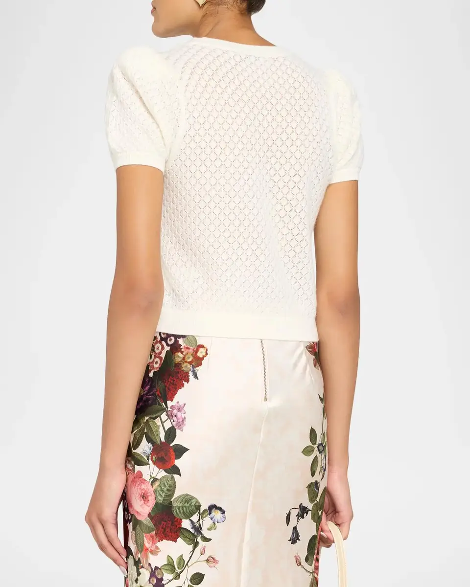 Alice + Olivia Sabine Puff-Sleeve Pointelle-Knit Crewneck Cardigan | Thumbnail 3