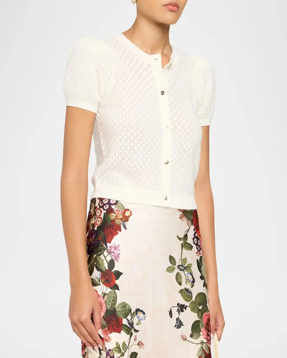 Alice + Olivia Sabine Puff-Sleeve Pointelle-Knit Crewneck Cardigan | Thumbnail 4
