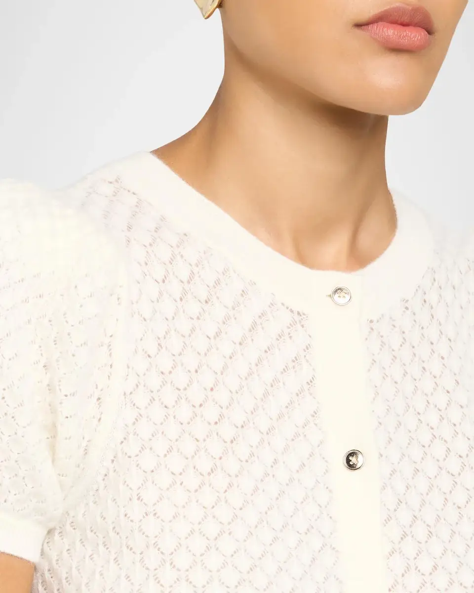 Alice + Olivia Sabine Puff-Sleeve Pointelle-Knit Crewneck Cardigan | Thumbnail 5