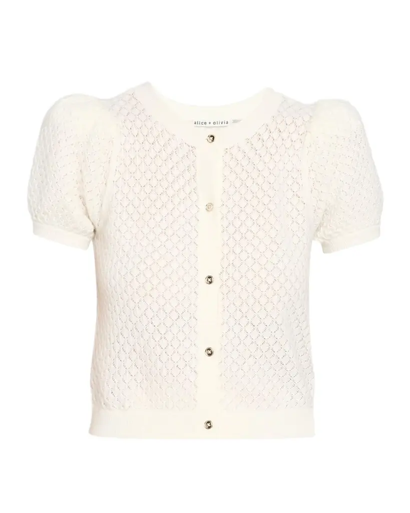 Sabine Puff-Sleeve Pointelle-Knit Crewneck Cardigan Sabine Puff-Sleeve Pointelle-Knit Crewneck Cardigan