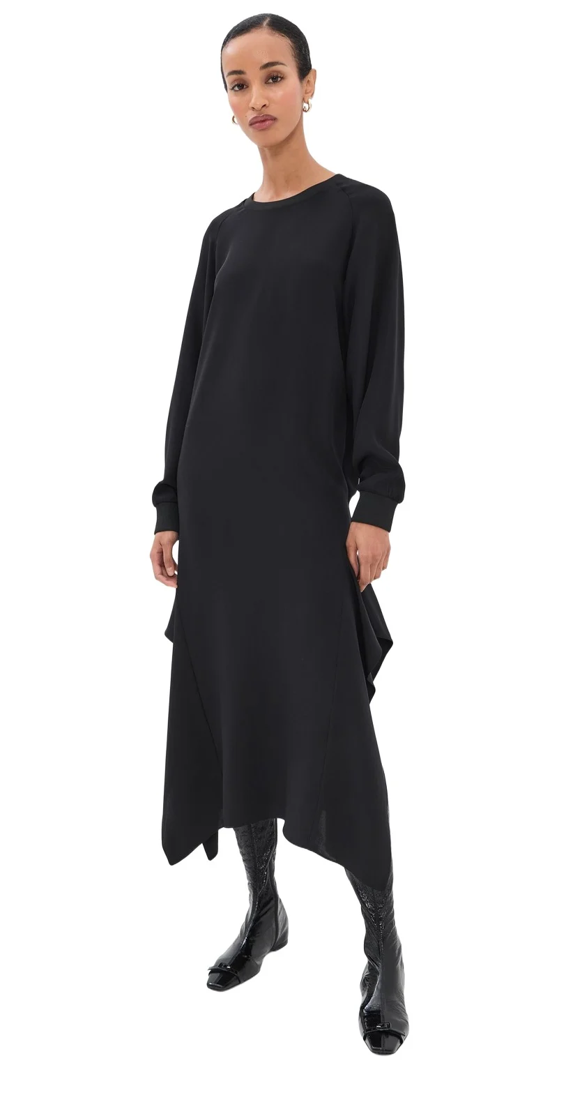 4 Ply Silk Long Sleeve Dress With Ruffle Black 4 Ply Silk Long Sleeve Dress With Ruffle Black